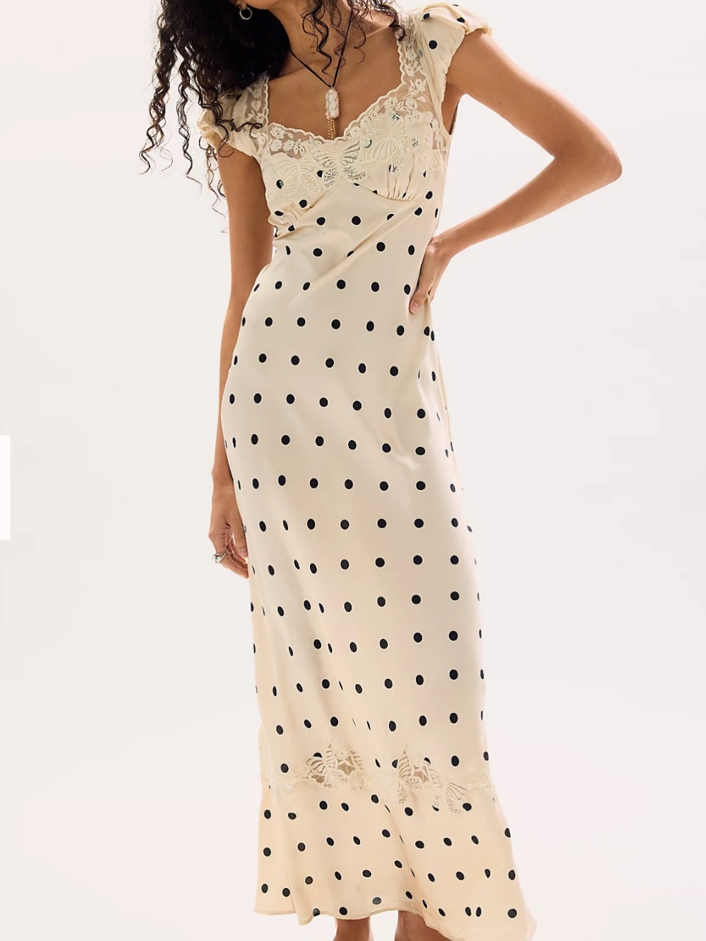 Free People Cream Silk Butterfly Babe Maxi Dress with Black Polka Dots